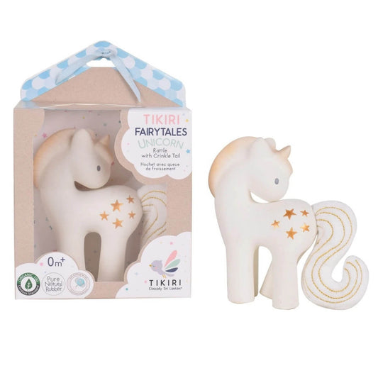 Shining Stars Unicorn Natural Rubber Baby Teether and Rattle with Cotton Crinkle Wings