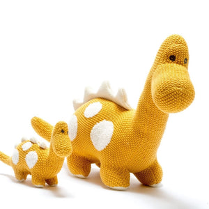 Organic Cotton Knitted Diplodocus Dinosaur Soft Toys Small - Mustard