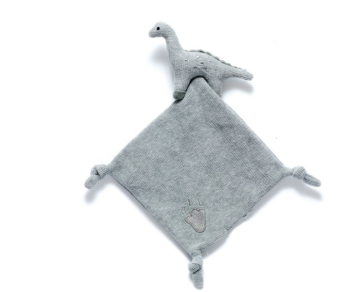Knitted Organic Cotton Grey Diplodocus Dinosaur with Grey Blanket Comforter