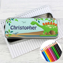 Personalised Dinosaur Pencil Tin with Pencil Colouring Crayons