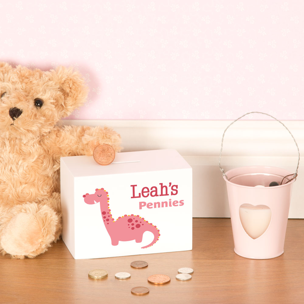 Personalised Dinosaur Wooden Moneybox - Pink