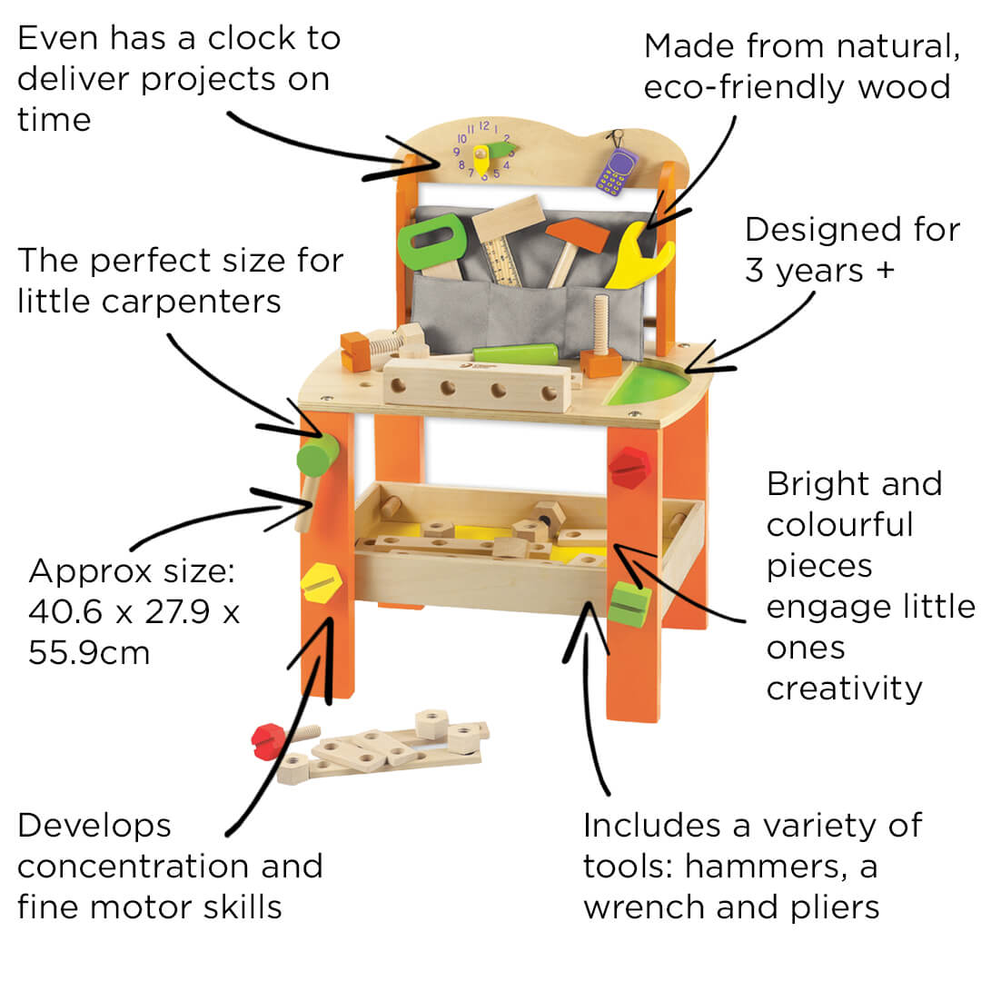 Orange Wooden Tool Bench – Toddler workbench for 3 years old
