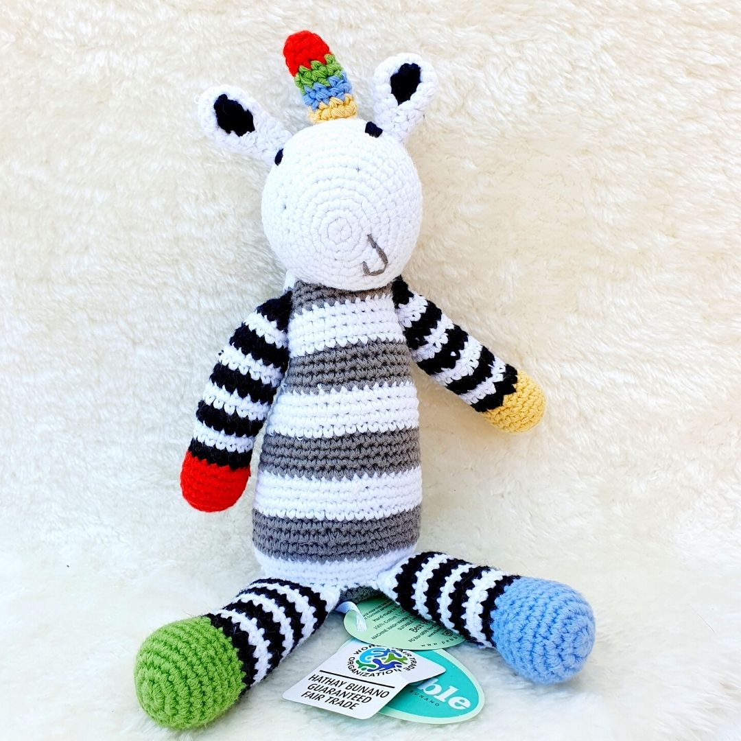 Fair Trade Crochet Cotton Black & White Unicorn Rattle Soft Toy Sensory Toys