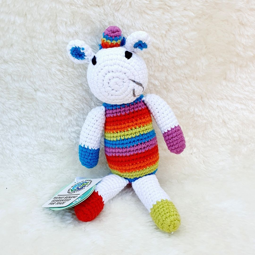 Fair Trade Crochet Cotton Rainbow Unicorn Soft Toy Baby Rattle