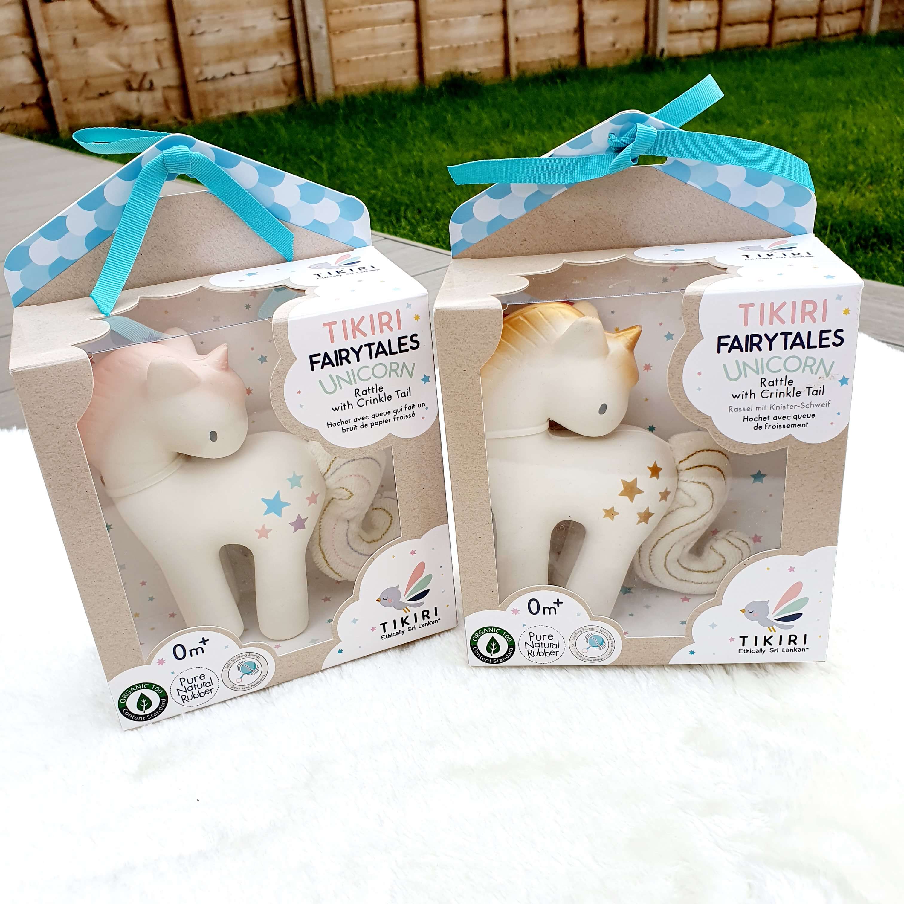 Shining Stars Unicorn Natural Rubber Baby Teether and Rattle with Cotton Crinkle Wings