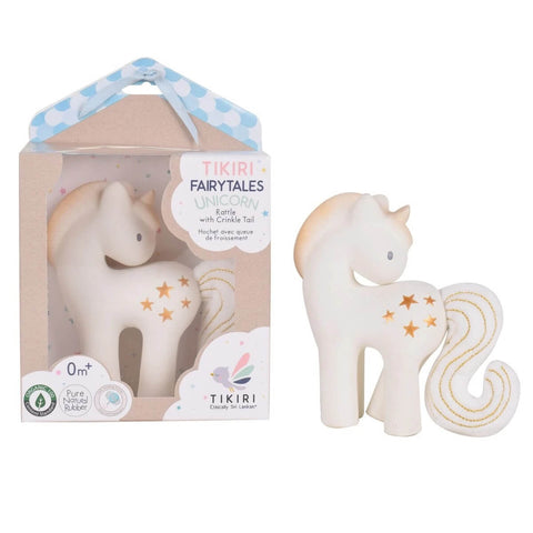 Shining Stars Unicorn Natural Rubber Baby Teether and Rattle with Cotton Crinkle Wings