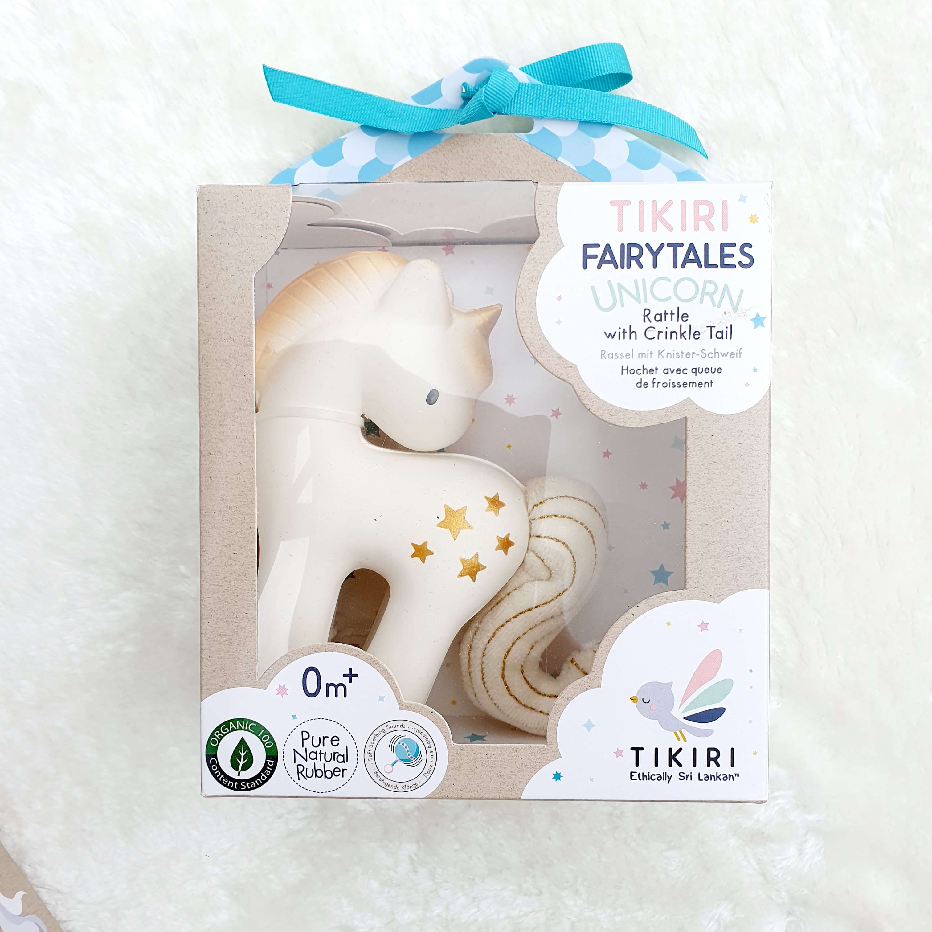 Shining Stars Unicorn Natural Rubber Baby Teether and Rattle with Cotton Crinkle Wings