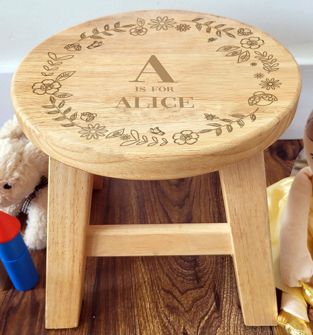 Personalised Engraved Alphabet Wooden Stool - Train or Floral