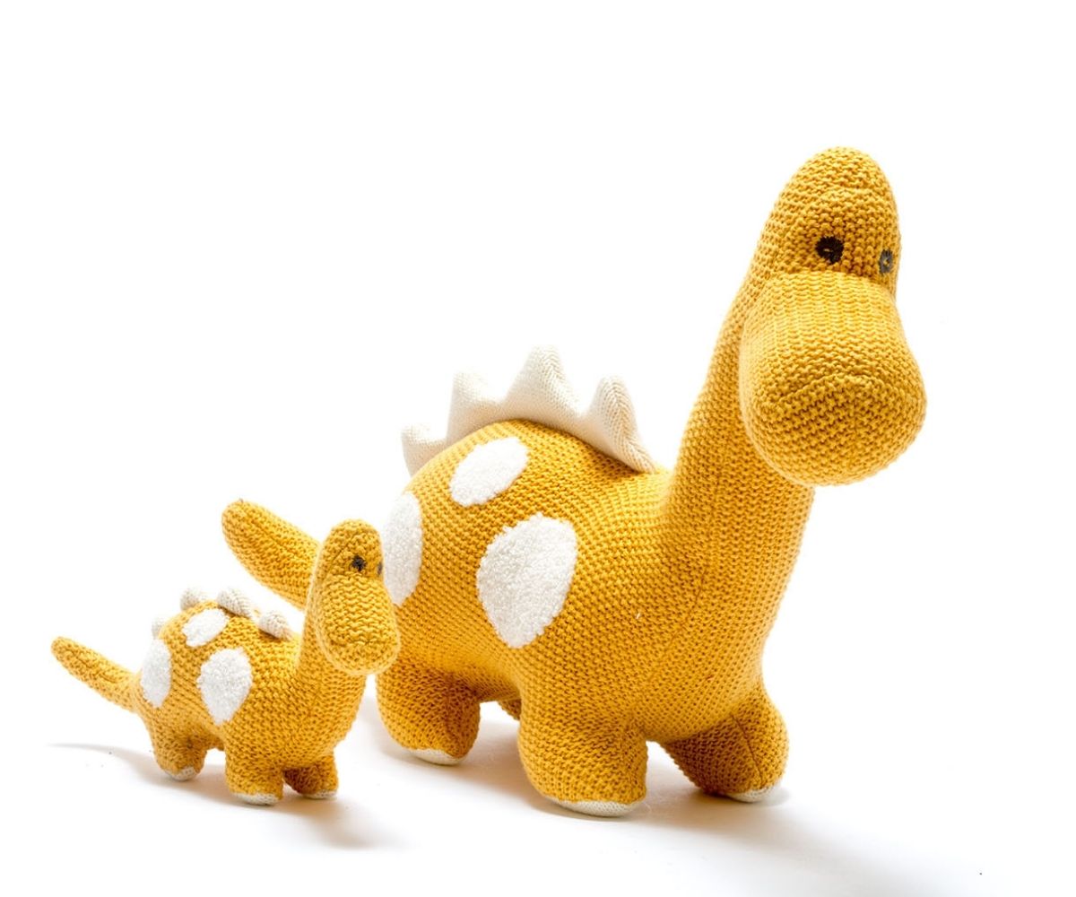 Organic Cotton Knitted Diplodocus Dinosaur Soft Toys Small - Mustard