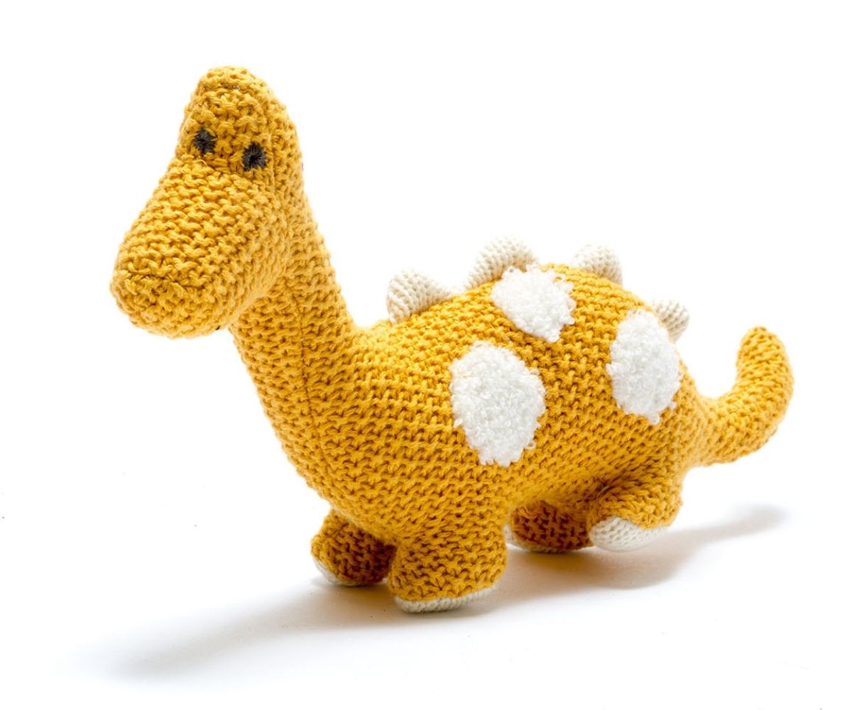 Organic Cotton Knitted Diplodocus Dinosaur Soft Toys Small - Mustard