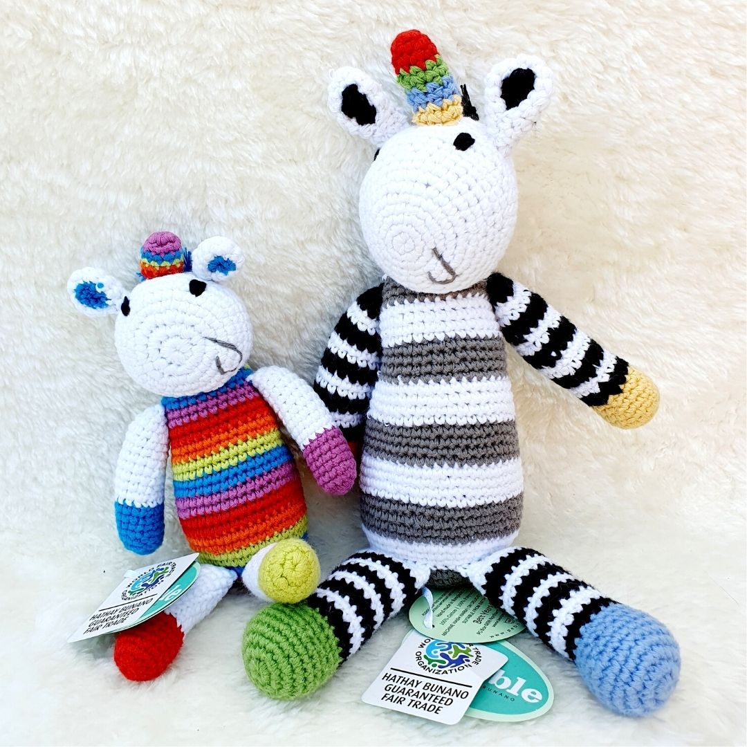 Fair Trade Crochet Cotton Rainbow Unicorn Soft Toy Baby Rattle