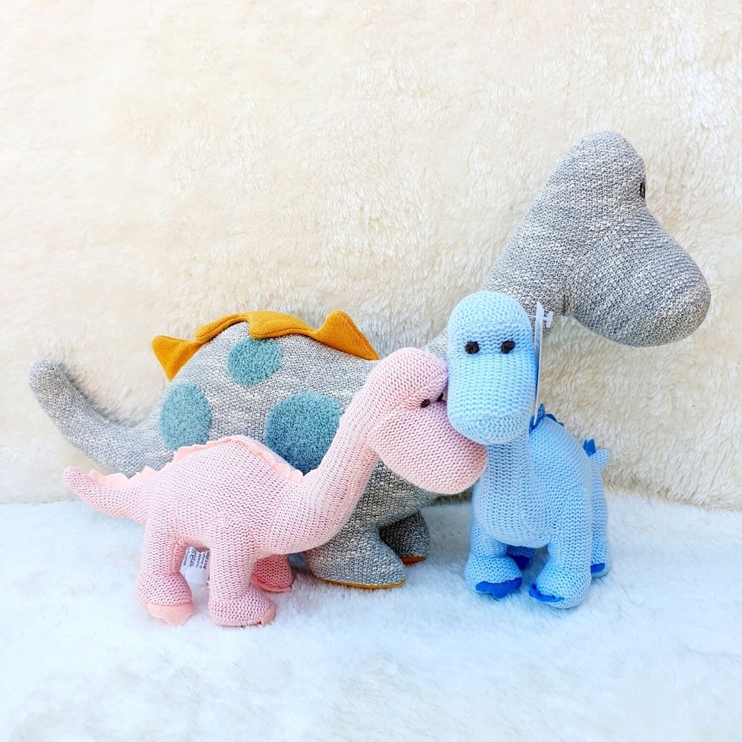Organic Cotton Pink Dinosaur Knitted Diplodocus Soft Toy Baby Rattle