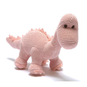 Organic Cotton Pink Dinosaur Knitted Diplodocus Soft Toy Baby Rattle