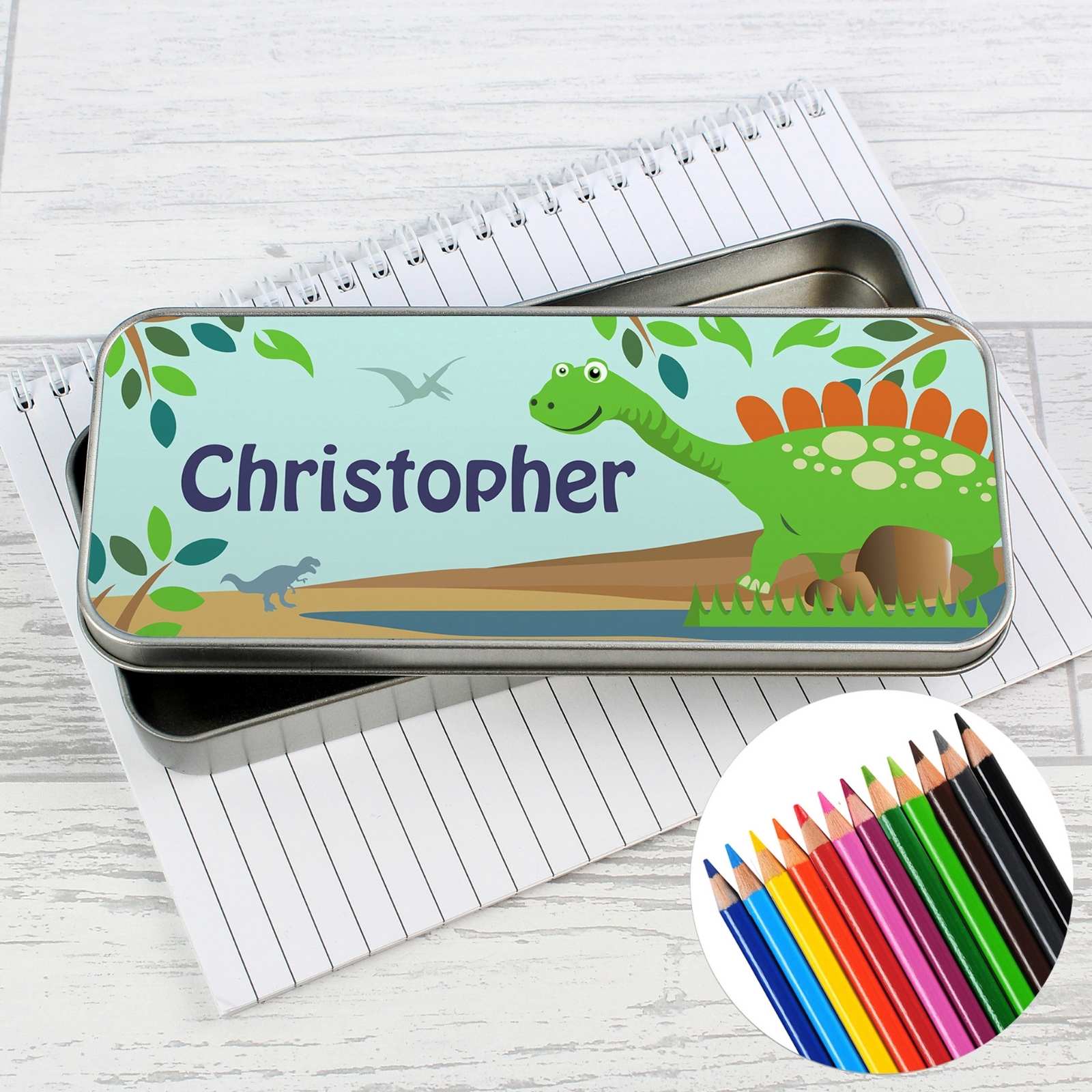 Personalised Dinosaur Pencil Tin with Pencil Colouring Crayons