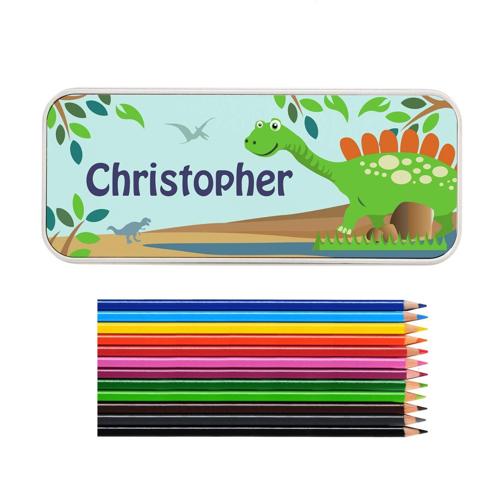 Personalised Dinosaur Pencil Tin with Pencil Colouring Crayons