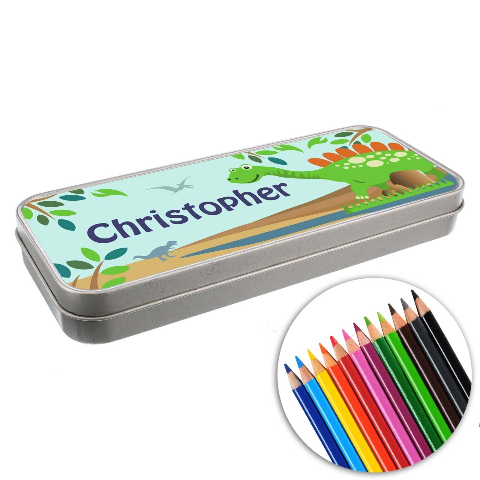 Personalised Dinosaur Pencil Tin with Pencil Colouring Crayons