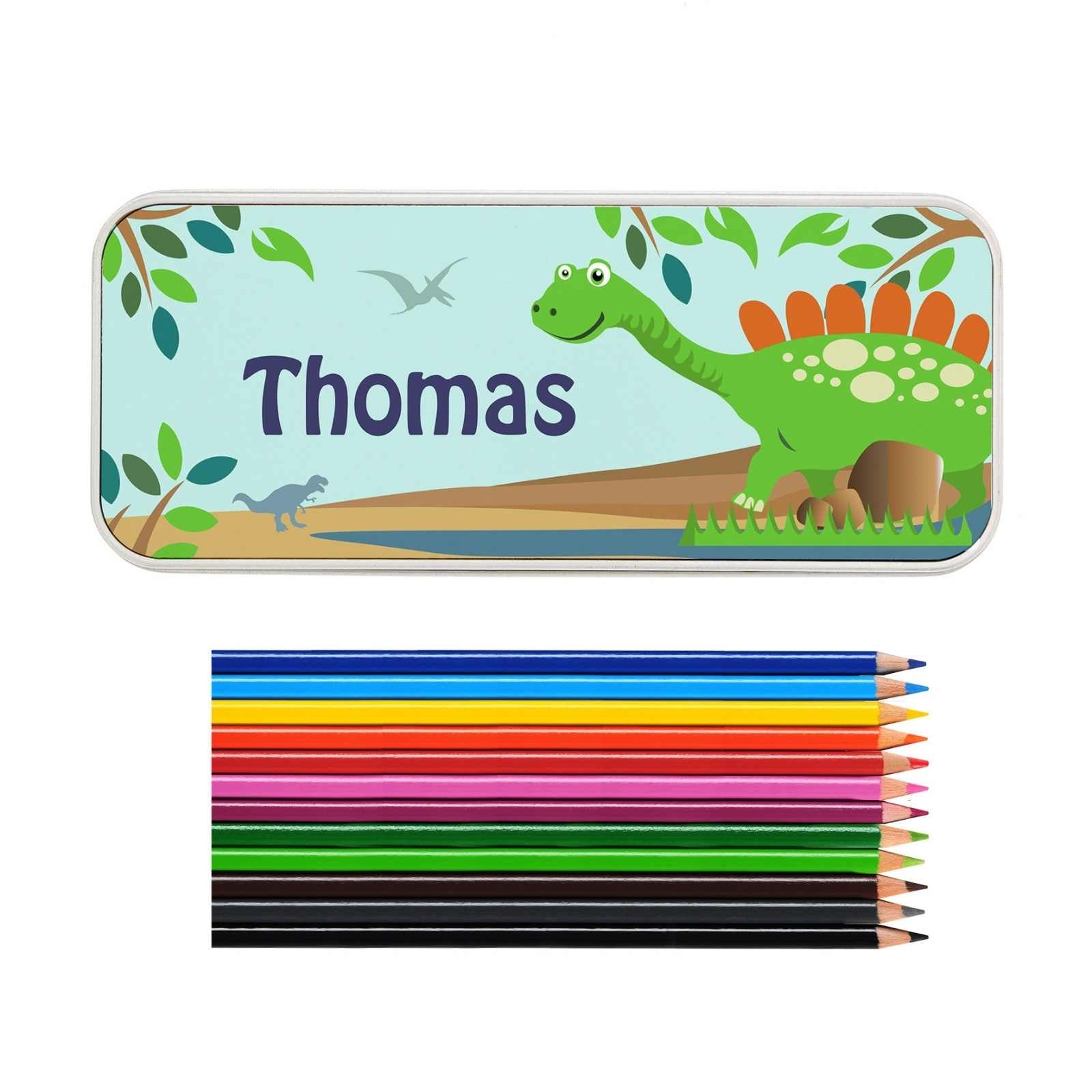 Personalised Dinosaur Pencil Tin with Pencil Colouring Crayons