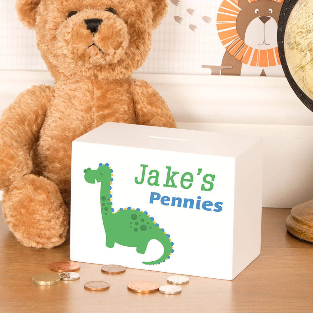 Personalised Dinosaur Wooden Moneybox - Blue and Green