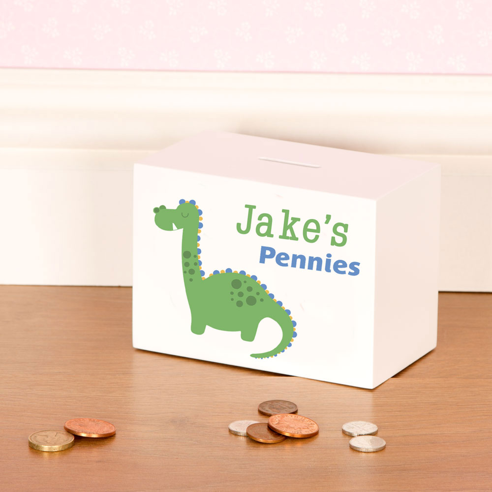 Personalised Dinosaur Wooden Moneybox - Blue and Green