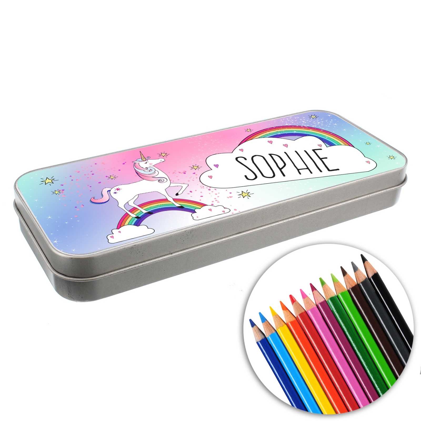 Personalised Unicorn Pencil Tin with Pencil Colouring Crayons
