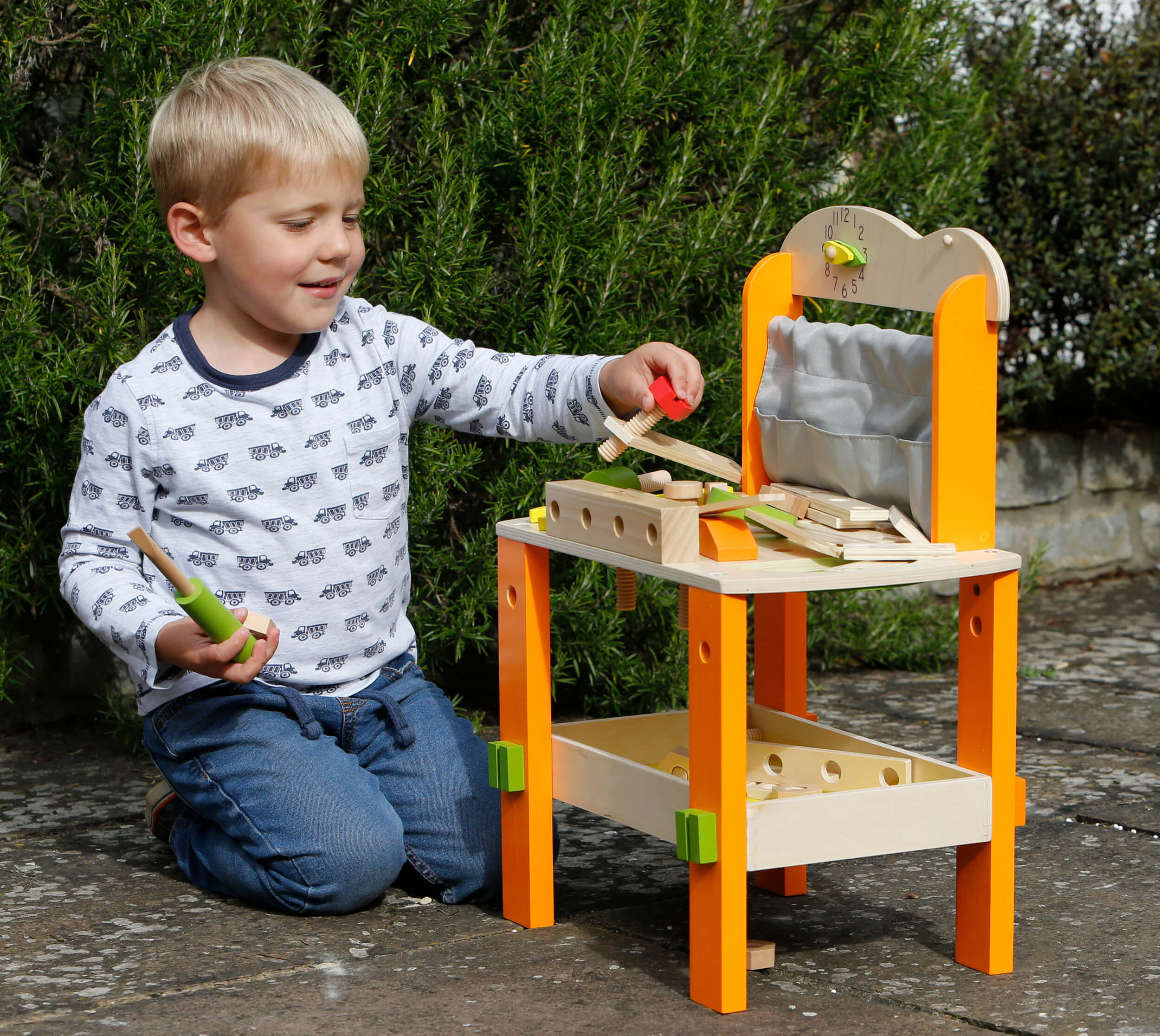 Orange Wooden Tool Bench – Toddler workbench for 3 years old