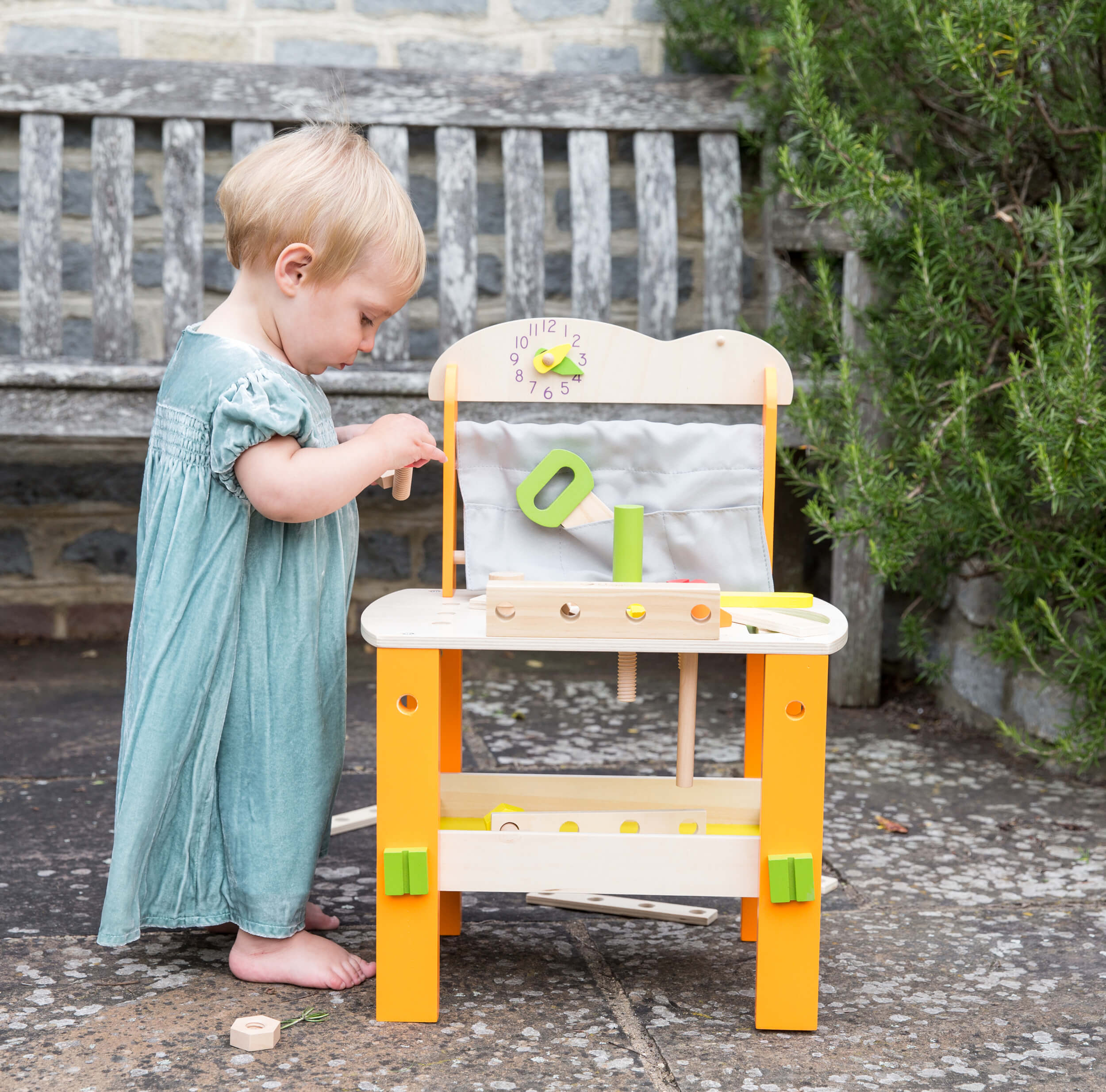 Orange Wooden Tool Bench – Toddler workbench for 3 years old