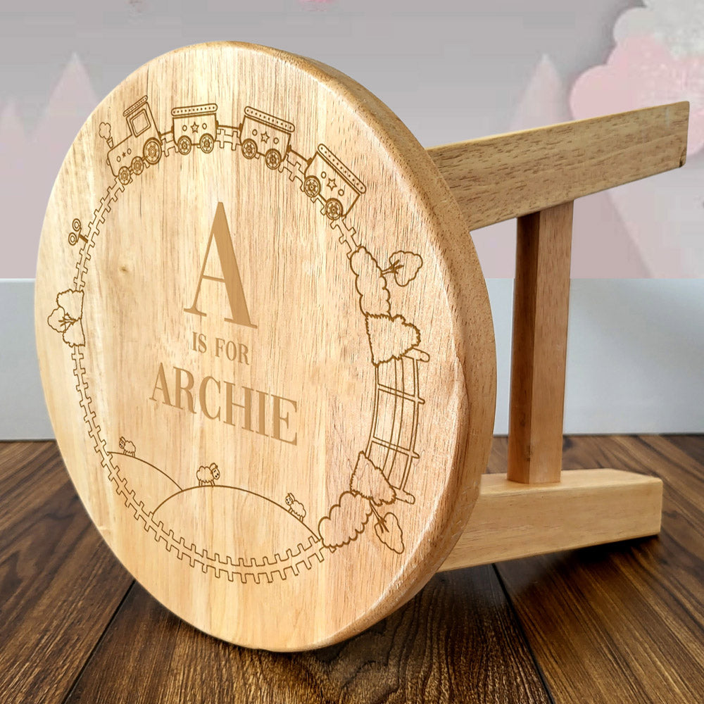 Personalised Engraved Alphabet Wooden Stool - Train or Floral